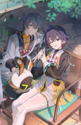 1boy 1girl absurdres ahoge artist_name bangboo_(zenless_zone_zero) belle_(delicate_daylight)_(zenless_zone_zero) belle_(zenless_zone_zero) blue_hair brother_and_sister caisena chinese_clothes falling_petals grey_hair hair_between_eyes highres looking_at_viewer official_alternate_costume one_eye_closed pantyhose petals short_hair siblings white_pantyhose wise_(soaring_crane)_(zenless_zone_zero) wise_(zenless_zone_zero) zenless_zone_zero