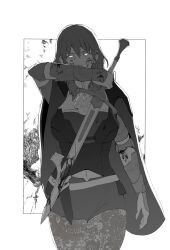 1girl absurdres blood blood_on_clothes blood_on_face bloody_weapon breasts female_byleth_(fire_emblem) fire_emblem fire_emblem:_three_houses greyscale highres holding holding_sword holding_weapon knife medium_breasts medium_hair midriff_peek monochrome navel nintendo pantyhose pomelomelon shorts solo standing sword weapon