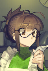 Rule 34 | akizuki ritsuko, antenna hair, apron, black-framed eyewear, boa (brianoa), brown eyes, brown hair, closed mouth, commentary, english commentary, fingernails, folded ponytail, glasses, green sweater, hand up, holding, holding paper, idolmaster, idolmaster (classic), indoors, long sleeves, looking at object, maid apron, paper, portrait, ribbed sweater, semi-rimless eyewear, sweater, turtleneck, turtleneck sweater, under-rim eyewear, white apron