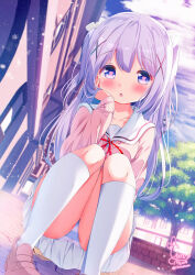 1girl artist_name blue_eyes blue_hair blush brown_shoes cardigan chinomaron collarbone gochuumon_wa_usagi_desu_ka? hair_between_eyes hair_ornament heart heart-shaped_pupils highres kafuu_chino kneehighs light_blue_hair long_hair long_sleeves looking_at_viewer open_mouth outdoors panties pleated_skirt sailor_collar shoes signature skirt socks solo squatting striped_clothes striped_panties symbol-shaped_pupils tree twitter_username underwear white_sailor_collar white_skirt white_socks x_hair_ornament yellow_cardigan
