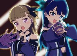 2girls ampere_(love_live!) bare_shoulders black_choker black_hairband black_shirt blue_coat blue_eyes blue_hair bow_hairband braid brown_background brown_hair center-flap_bangs choker coat commentary curled_fingers dollchestra english_commentary hairband holding holding_microphone kachimachi_kosuzu link!_like!_love_live! long_sleeves looking_at_viewer love_live! microphone midriff misoshiru._(hss_llnl) multiple_girls murano_sayaka off-shoulder_coat off_shoulder official_alternate_costume open_clothes open_coat open_hand open_mouth outstretched_arm pink_eyes shirt side_braids sleeveless sleeveless_shirt upper_body v-shaped_eyebrows virtual_youtuber