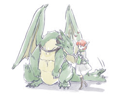 1girl batoson54 cape closed_eyes closed_mouth commentary_request dragon dress feathers fire_emblem fire_emblem:_the_blazing_blade gloves hair_ornament heart motion_lines nintendo priscilla_(fire_emblem) red_hair shadow short_hair signature simple_background solid_oval_eyes standing tail tail_wagging western_dragon white_background white_cape white_gloves wing_hair_ornament wyvern