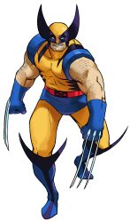 Rule 34 | 1990s (style), 1998, 1boy, absurdres, arm hair, beard, bengus, blue boots, blue gloves, body hair, bodysuit, boots, capcom, claws, clenched teeth, facial hair, game cg, gloves, highres, hunched over, looking at viewer, male focus, marvel, marvel vs. capcom, mask, muscular, no pupils, non-web source, official art, retro artstyle, solo, superhero costume, teeth, white background, wolverine (x-men), x-men, yellow bodysuit