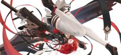 1girl :d absurdres arknights black_jacket black_shoes detached_wings exusiai_(arknights) exusiai_the_new_covenant_(arknights) gun hair_over_one_eye halo highres holding holding_gun holding_weapon isaac_x235 jacket kriss_vector medium_hair one_side_up open_mouth orange_eyes red_hair shirt shoes simple_background smile solo submachine_gun thighhighs weapon white_background white_shirt white_thighhighs wings yellow_halo