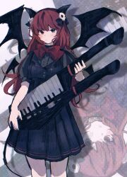 1girl bat_wings black_dress black_ribbon buttons cross cross_necklace demon_horns dress hair_ornament hair_ribbon heterochromia highres horns instrument jewelry keytar long_hair necklace nyanyamo_daowa puffy_short_sleeves puffy_sleeves red_hair red_ribbon ribbon short_sleeves skull_hair_ornament towelket_wo_mou_ichido wings yorumorukimiri yukikaze2828