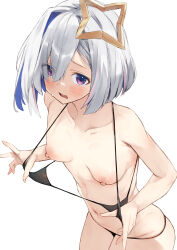 Rule 34 | 1girl, absurdres, alexi oekaki, amane kanata, bikini, black bikini, blue hair, breasts, collarbone, commentary request, eyes visible through hair, grey hair, hair over one eye, halo, highres, hololive, looking at viewer, medium breasts, multicolored hair, navel, nipples, short hair, simple background, solo, star halo, swimsuit, virtual youtuber, white background
