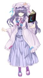 1girl absurdres alternate_costume arm_up blue_bow book boots bow chinese_commentary commentary commentary_request crescent crescent_hat_ornament crossover dress english_commentary eyebrows_hidden_by_hair floating floating_book floating_object footwear_bow frilled_dress frilled_hat frills hair_bow hat hat_ornament head_tilt hexagram highres long_hair long_sleeves looking_at_viewer open_book patchouli_knowledge pink_bow purple_boots purple_dress purple_hair purple_robe purple_shoes purple_theme robe shoes sidelocks smile solo striped_clothes striped_dress touhou tzeentch_(symbol) vertical-striped_clothes vertical-striped_dress very_long_hair vittorio_veneto_(fayuuka) warhammer_40k white_background wide_sleeves