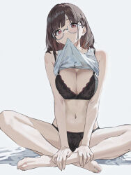 1girl bare_arms bare_legs barefoot black_bra black_panties bra breasts brown_eyes brown_hair closed_mouth clothes_in_mouth clothes_lift cobwvmeti glasses hands_on_own_leg hashtag-only_commentary highres idolmaster idolmaster_shiny_colors indian_style lifting_own_clothes long_hair looking_at_viewer mouth_hold navel panties shirt_in_mouth shirt_lift simple_background sitting solo sonoda_chiyoko tank_top underwear white_background white_tank_top