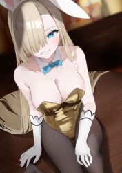 1girl alternate_color animal_ear_hairband animal_ears asuna_(blue_archive) asuna_(bunny)_(blue_archive) asymmetrical_bangs black_pantyhose blonde_hair blue_archive blue_bow blue_bowtie bow bowtie breasts cleavage detached_collar fake_animal_ears from_above gold_leotard grin hair_over_one_eye hairband large_breasts leotard long_hair looking_at_viewer mole mole_on_breast pantyhose playboy_bunny pton_uca09 rabbit_ears smile solo strapless strapless_leotard traditional_bowtie