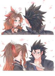 1boy 1girl 7_(milu577610) ? aerith_gainsborough aerith_gainsborough_(midgard_seventh_high_school) bandaid bandaid_on_cheek bandaid_on_face bandaid_on_forehead black_choker black_hair black_jacket black_sailor_collar black_serafuku blue_eyes blue_skirt blush brown_hair choker closed_mouth commentary falling_petals final_fantasy final_fantasy_vii final_fantasy_vii_ever_crisis flower gakuran green_eyes hair_flower hair_ornament high_ponytail highres jacket jewelry long_hair looking_at_viewer neckerchief necklace official_alternate_costume parted_bangs petals pink_petals ponytail sailor_collar school_uniform serafuku sidelocks skirt spiked_hair sweatdrop upper_body white_background white_flower white_neckerchief zack_fair zack_fair_(midgard_seventh_high_school)