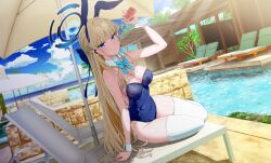 1girl absurdres beach blue_archive breasts chair coke_kat highres nipples ramune thighs toki_(blue_archive) toki_(bunny)_(blue_archive) umbrella