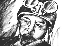 114514_(meme) 1boy a-ha chinese_commentary commentary_request greyscale helmet highres looking_afar looking_to_the_side male_focus manatsu_no_yo_no_inmu meme monochrome motorcycle_helmet mushroomsucy sketch solo take_on_me_(a-ha) upper_body yajuu_no_gankou_(meme) yajuu_senpai