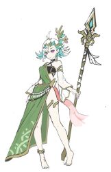 1girl anklet antenna_hair closed_mouth concept_art detached_sleeves expressionless full_body green_skirt hair_branch highres jewelry lily_everhart official_art palworld purple_eyes short_hair single_bare_shoulder skirt solo thighlet tiptoes white_hair