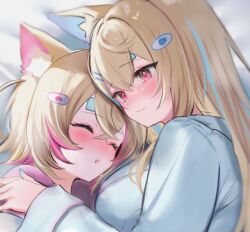 2girls animal_ear_fluff animal_ears blonde_hair blue_hair blush closed_eyes dog_ears dog_girl fuwawa_abyssgard hololive hololive_english long_hair maru_ccy mococo_abyssgard multicolored_hair multiple_girls on_bed pink_eyes pink_hair shirt short_hair siblings sisters sleeping streaked_hair twins two-tone_hair upper_body virtual_youtuber white_shirt