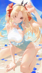 1girl absurdres barefoot beach black_hairband blonde_hair bow breasts closed_mouth ereshkigal_(fate) eyes_visible_through_hair fate/grand_order fate_(series) hair_ornament hair_over_one_eye hairband hand_up highres large_breasts long_hair looking_at_viewer modare ocean one-piece_swimsuit orange_eyes outdoors red_bow sideboob smile solo space_ereshkigal_(fate) space_ereshkigal_(first_ascension)_(fate) swimsuit thighs twintails