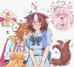 2girls :3 :d ^_^ afterimage ahoge animal_ears animalization armor blue_bow blue_bowtie blue_shirt blush bow bowtie breasts brown_hair brown_tail cape closed_eyes commentary crossed_arms crown dreaming drooling ear_blush ear_ornament ear_ribbon ears_down english_commentary excited furrowed_brow gold_armor hairband hands_on_own_face happy head_on_another&#039;s_shoulder head_steam heart heart_ahoge horse horse_ears horse_girl horse_tail horseshoe_ornament jeremr large_breasts leaning_on_person lovestruck medium_hair meisho_doto_(umamusume) mini_crown multiple_girls multiple_views nose_bubble open_mouth orange_hair pink_hairband puff_of_air puffy_short_sleeves puffy_sleeves purple_eyes recursive_animalization school_uniform shirt short_hair short_sleeves sleeping sleeping_on_person sleeping_upright smile sparkle summer_uniform t.m._opera_o_(umamusume) tail tail_wagging tracen_school_uniform trembling umamusume vambraces white_hair white_shirt yuri