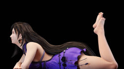 Rule 34 | barefoot, black hair, blender (medium), blue dress, dress, foot up, lying, on stomach, tagme, tifa lockhart, tifa lockhart (refined dress)