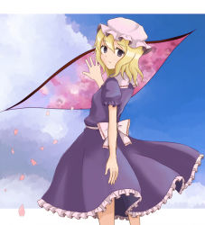 1girl bad_id bad_pixiv_id blonde_hair cherry_blossoms female_focus gap_(touhou) goro gradient_background hat maribel_hearn purple_eyes sky solo touhou