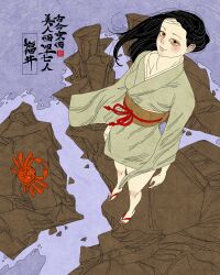 1girl absurdres animal artist_logo black_hair brown_sash commentary crab english_commentary fukui_prefecture full_body green_kimono highres japanese_clothes kimono logo long_hair obi original rock sandals sash sei5osuzuki solo standing water wide_sleeves wind