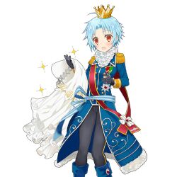1boy aged_down ahoge aiguillette armor ascot black_gloves blue_hair blush boots brown_eyes cape coat crown epaulettes fang feathers full_body fur_trim gloves hat japanese_armor jewelry long_sleeves looking_at_viewer male_focus medal merueto mini_crown non-web_source open_mouth orange_eyes pants red_eyes sapphire_(uchihime) simple_background smile solo sparkle sparkle_background uchi_no_hime-sama_ga_ichiban_kawaii white_background