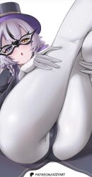 Rule 34 | 1girl, ass, blonde hair, braid, cameltoe, eye mask, gloves, goddess of victory: nikke, hat, heterochromia, highres, looking at viewer, multicolored hair, patreon username, phantom (nikke), purple hair, single braid, solo, thighs, uzzy2801, white background, white gloves, white hair