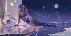 absurdres bare_shoulders black_boots black_gloves black_swan_(honkai:_star_rail) boots dress elbow_gloves gloves hair_spread_out highres honkai:_star_rail honkai_(series) purple_dress purple_gloves purple_veil veil yangming_li_wan_dianfen_chang
