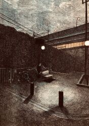 bench bush concrete dark fence highres ibsukionsen iron_fence lamppost light no_humans original painting_(medium) power_lines scenery shadow sunset traditional_media utility_pole