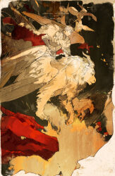 1boy absurdres armor blonde_hair cape demon demon_horns dragon dungeon_meshi extra_eyes extra_horns feathered_wings fur_cape golem hashtag-only_commentary highres hippogriff horns laios_touden lion male_focus mei_ren monster multiple_wings pelt riding riding_animal short_hair snake spoilers sword unicorn walking_mushroom_(dungeon_meshi) weapon western_dragon winged_animal winged_lion_(dungeon_meshi) winged_sword wings wyvern