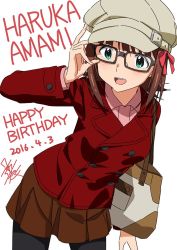 1girl adjusting_eyewear alternate_costume amami_haruka bag blush brown_hair glasses green_eyes hair_ribbon hand_on_eyewear handbag happy_birthday hat idolmaster idolmaster_(classic) leggings looking_at_viewer open_mouth pantyhose peacoat ribbon short_hair signature skirt smile taku1122