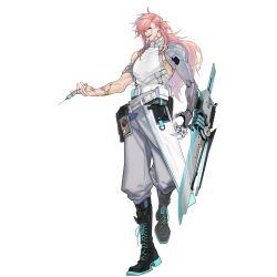 1boy arm_blade artist_request black_boots boots game_cg girls&#039;_frontline girls&#039;_frontline_neural_cloud glasses grey_pants highres holding holding_syringe lace-up_boots male_focus mechanical_arms muscular muscular_male official_art pants pink_hair ponytail salmon_(neural_cloud) scar scar_on_arm single_mechanical_arm solo syringe tachi-e teeth third-party_source transparent_background weapon
