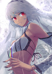 152_in_can 1girl altera_(fate) artist_name bandeau bare_shoulders black_nails breasts choker closed_mouth copyright_notice dark-skinned_female dark_skin dated detached_sleeves fate/grand_order fate_(series) full-body_tattoo headdress highres looking_at_viewer red_eyes see-through_clothes see-through_veil short_hair signature small_breasts solo tattoo veil watermark white_bandeau white_hair