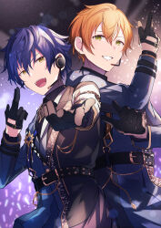 2boys absurdres belt black_belt black_gloves blue_hair blurry bokeh depth_of_field ensemble_stars! finger_gun gloves hair_between_eyes highres idol light_particles light_rays looking_at_viewer microphone multiple_boys official_alternate_costume open_mouth orange_hair outstretched_arm project_sekai sazanami_jun shinonome_akito short_hair smile stage_lights teeth toratora789 upper_teeth_only yellow_eyes