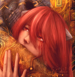 1girl 1other absurdres blood bloody_tears crying crying_with_eyes_open elfen_lied expressionless eye_socket filigree gustav_klimt_(style) hand_gesture hand_on_another&#039;s_back highres horns hug long_hair lucy_(elfen_lied) red_eyes red_hair signature solo_focus spiral sucubuss_art tears teeth triangle