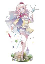 Rule 34 | 1girl, absurdres, anniversary, artist name, atelier (series), atelier meruru, blue eyes, breasts, commentary request, crown, dress, dynamite, explosive, hair intakes, highres, hitoba, holding, holding staff, long hair, looking at viewer, merurulince rede arls, open mouth, pink hair, small breasts, smile, solo, staff, standing, standing on one leg, star (symbol), watermark, wavy hair, white background, yellow dress