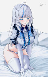 1girl absurdres ahoge aokumo_rin bed_sheet blue_eyes blunt_bangs breasts center_frills choker commentary elbow_gloves frills gloves grey_shirt highres large_breasts leaning_forward long_hair looking_at_viewer multicolored_hair no_pants no_shoes on_bed open_mouth panties pillow shirt short_sleeves simple_background smile solo stellive streaked_hair symbol-only_commentary thighhighs underwear vini_(frisco) virtual_youtuber white_background white_choker white_hair white_panties white_thighhighs