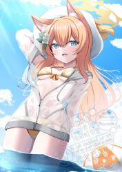 1girl absurdres alternate_costume animal_ear_fluff animal_ears bikini blue_archive blue_eyes blush cat_ears cat_girl flower hair_between_eyes hair_flower hair_ornament hat highres jacket kamesys long_hair looking_at_viewer mari_(blue_archive) open_mouth orange_hair partially_submerged see-through_clothes see-through_jacket sidelocks solo swimsuit white_flower white_hat yellow_bikini