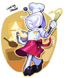 Rule 34 | 1boy, ant tenna, apron, black shoes, bowl, chef hat, commentary, crt, deltarune, drawloverlala, english commentary, fried egg, full body, gloves, hat, holding, holding bowl, holding whisk, humanoid robot, indoors, male focus, mechanical arms, object head, outline, pants, red apron, refrigerator, robot, shirt, shoes, smile, solo, stove, teeth, transparent background, upper teeth only, waist apron, whisk, white gloves, white pants, white shirt, yellow outline