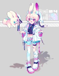 Rule 34 | 1boy, absurdres, animal ear fluff, animal ear piercing, animal ears, asymmetrical legwear, bandaid, bandaid on finger, bandaid on hand, bandaid on thigh, barcode, belt, black jacket, blue nails, blue shorts, blush, bright pupils, commentary, cropped jacket, dated commentary, drawstring, earrings, eyes visible through hair, fang, full body, grey background, hat, hat with ears, highres, jacket, jewelry, leg warmers, male focus, mismatched legwear, multicolored nails, navel, o-ring, o-ring belt, open clothes, open jacket, open mouth, original, ozureiji, pink belt, pink eyes, pink hair, pink nails, qr code, rabbit earrings, rabbit ears, ribbed leg warmers, shoes, short hair, shorts, single leg warmer, single thighhigh, skin fang, smile, sneakers, solo, stuffed animal, stuffed rabbit, stuffed toy, symbol-only commentary, thigh strap, thighhighs, trap, tsurime, w arms, white hat, white jacket, white leg warmers, white pupils, white shoes, white thighhighs, zipper