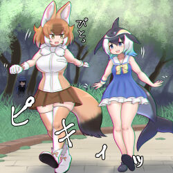 Rule 34 | 1boy, 2girls, animal ears, bare shoulders, black hair, blonde hair, blowhole, blue eyes, blue hair, blush, bow, breasts, brown hair, captain (kemono friends), cetacean tail, common dolphin (kemono friends), dhole (kemono friends), dog ears, dog girl, dog tail, dolphin girl, dorsal fin, dress, extra ears, fins, fish tail, gloves, highres, kemono friends, kemono friends 3, large breasts, looking at another, mo23, multicolored hair, multiple girls, open mouth, outdoors, sailor collar, shirt, short hair, skirt, sleeveless, smile, tail, time stop, white hair