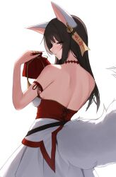 Rule 34 | 1girl, absurdres, animal ears, artist request, bag, bare shoulders, bell, black hair, commentary request, commission, dress, ear bell, fox ears, fox tail, from behind, grey eyes, hand up, highres, holding, holding bag, jingle bell, korean commentary, long hair, looking at viewer, looking back, original, parted lips, second-party source, simple background, solo, tail, white background, white dress