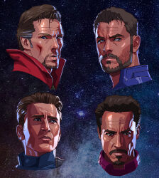 Rule 34 | 4boys, armor, avengers (series), beard, benedict cumberbatch, blue eyes, brown eyes, brown hair, captain america, captain america (series), chris evans, chris hemsworth, closed mouth, commentary, doctor strange, doctor strange (series), doctor strange in the multiverse of madness, english commentary, facial hair, grey hair, highres, iron man, iron man (series), looking ahead, looking at viewer, male focus, manly, marvel, marvel cinematic universe, mature male, multicolored hair, multiple boys, mustache, portrait, power armor, power suit, realistic, robert downey jr., serious, seung eun kim, short hair, star (symbol), star symbol background, steve rogers, stubble, superhero costume, thor (marvel), tony stark, two-tone hair, wizard