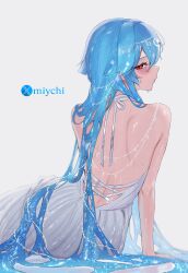 1girl absurdres ass back backless_dress backless_outfit bao_(vtuber) blue_hair blush commentary dress english_commentary from_behind highres indie_virtual_youtuber liquid_hair long_hair looking_at_viewer looking_back miychi red_eyes shoulder_blades simple_background sitting solo sweat very_long_hair very_sweaty virtual_youtuber white_background white_dress