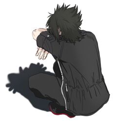 1boy black_hair black_jacket black_pants black_shoes cat_shadow_puppet_(meme) commentary crossed_arms final_fantasy final_fantasy_xv fingernails hyohls2_(hamao3o) jacket kneeling male_focus meme noctis_lucis_caelum pants shoes short_hair simple_background solo unzipped white_background zipper