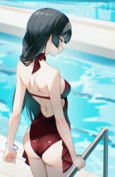 1girl alternate_costume ass astra_yao back black_hair blurry blurry_background bow bowtie bracelet breasts danraz0r from_behind hairband highres jewelry one-piece_swimsuit pink_eyes pool pool_ladder red_one-piece_swimsuit small_breasts solo swimsuit water zenless_zone_zero
