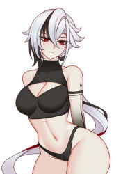 1girl arlecchino_(genshin_impact) arm_tattoo bare_shoulders black_hair black_shirt charlie_purrito cowboy_shot crop_top genshin_impact grey_hair groin highres long_hair multicolored_hair navel shirt simple_background sleeveless sleeveless_shirt solo stomach streaked_hair tattoo very_long_hair white_background