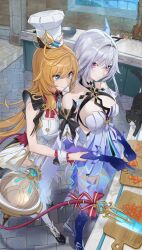 2girls bare_shoulders black_shoes blonde_hair breasts chef chef_hat dress escoffier_(genshin_impact) genshin_impact grey_hair hat heart heart_in_eye holding holding_knife indoors knife large_breasts long_hair looking_at_another multiple_girls prosthesis prosthetic_arm prosthetic_leg shoes skirk_(genshin_impact) sweat symbol_in_eye tail thighhighs uouokuma white_hat white_thighhighs white_wrist_cuffs wrist_cuffs