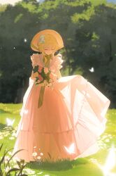 1girl absurdres aqua_flower blonde_hair bug butterfly closed_eyes dress flower genshin_impact grass hair_flower hair_ornament highres holding holding_flower insect long_hair lumine_(genshin_impact) pink_dress solo sundress tujiu_sama