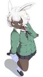 Rule 34 | 1girl, adjusting footwear, alternate costume, animal ears, black ribbon, black shoes, black skirt, blush, buttons, cardigan, collared shirt, commentary request, dancer rabbit, dark-skinned female, dark skin, full body, green cardigan, grey eyes, hanoyama, highres, loafers, looking at viewer, loose socks, miniskirt, neck ribbon, open mouth, rabbit and steel, rabbit ears, rabbit girl, ribbon, shirt, shoes, short hair, simple background, skirt, socks, solo, standing, standing on one leg, white background, white hair, white shirt, white socks