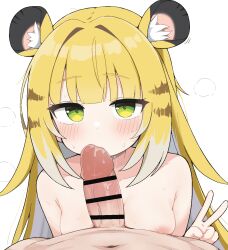 1boy 1girl animal_ear_fluff animal_ears bar_censor blonde_hair blush breasts censored fellatio green_eyes hetero highres ju_fufu loli long_hair looking_at_viewer medium_breasts multicolored_hair nipples oral penis pov pov_crotch simple_background tagyeokgam tiger_ears tiger_girl v white_background white_hair zenless_zone_zero