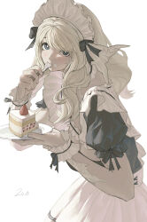 1girl absurdres apron au_ra bimel_isabella black_dress blonde_hair blue_eyes cake cowboy_shot dragon_girl dragon_horns dress final_fantasy final_fantasy_xiv food frilled_wrist_cuffs frills highres holding holding_plate horns light_blush long_hair looking_at_viewer maid maid_apron maid_headdress mikoto_jinba plate simple_background solo strawberry_shortcake utensil_in_mouth white_background white_scales wrist_cuffs